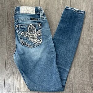 Y2K Miss Me mid-rise easy Skinny Jeans with Silver Embellishments / distressed
